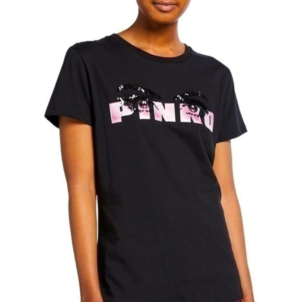 PINKO Sequined Eyes Logo Tee T-shirt in black w/ pink Italy pure 100% cotton XS - Picture 11 of 13